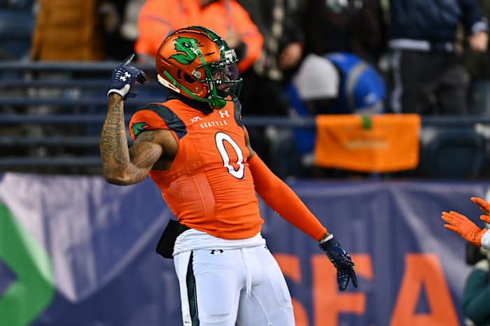 Feb 23, 2023; Seattle, WA, USA; Seattle Sea Dragons wide receiver Josh Gordon (0) celebrates after scoring a 3-point conversion against the St. Louis Battlehawks during the first half at Lumen Field. Mandatory Credit: Steven Bisig-USA TODAY Sports